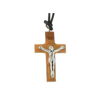 Pendentif Croix en Bois d'Olivier et Christ en métal