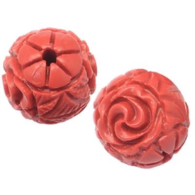 Cinabre Rouge Vermillon Perle Ronde Sculptée Percée 10 mm (Sachet de 2 perles)
